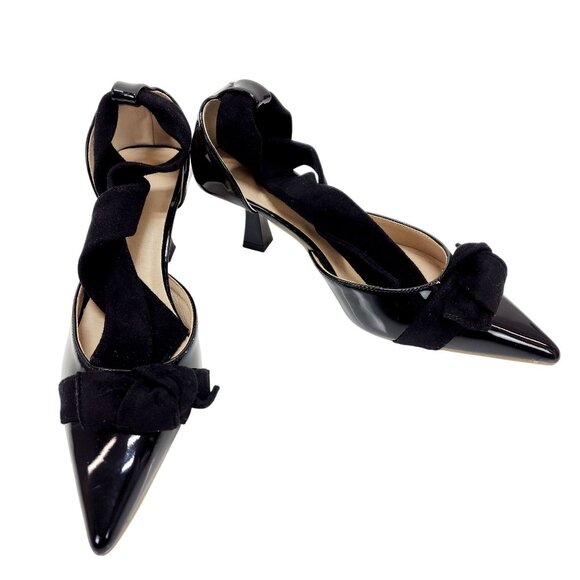 Patent Leather Pointed Toe Pumps With Black Suede Wraparound Ankle Straps Size 8 - Picture 3 of 11